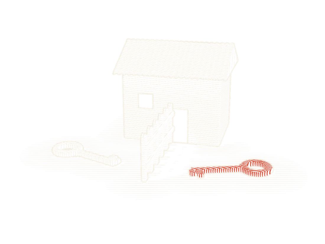 A house with a tiled roof, a short fence dividing the garden, and a key on each side of the fence, one of them red.