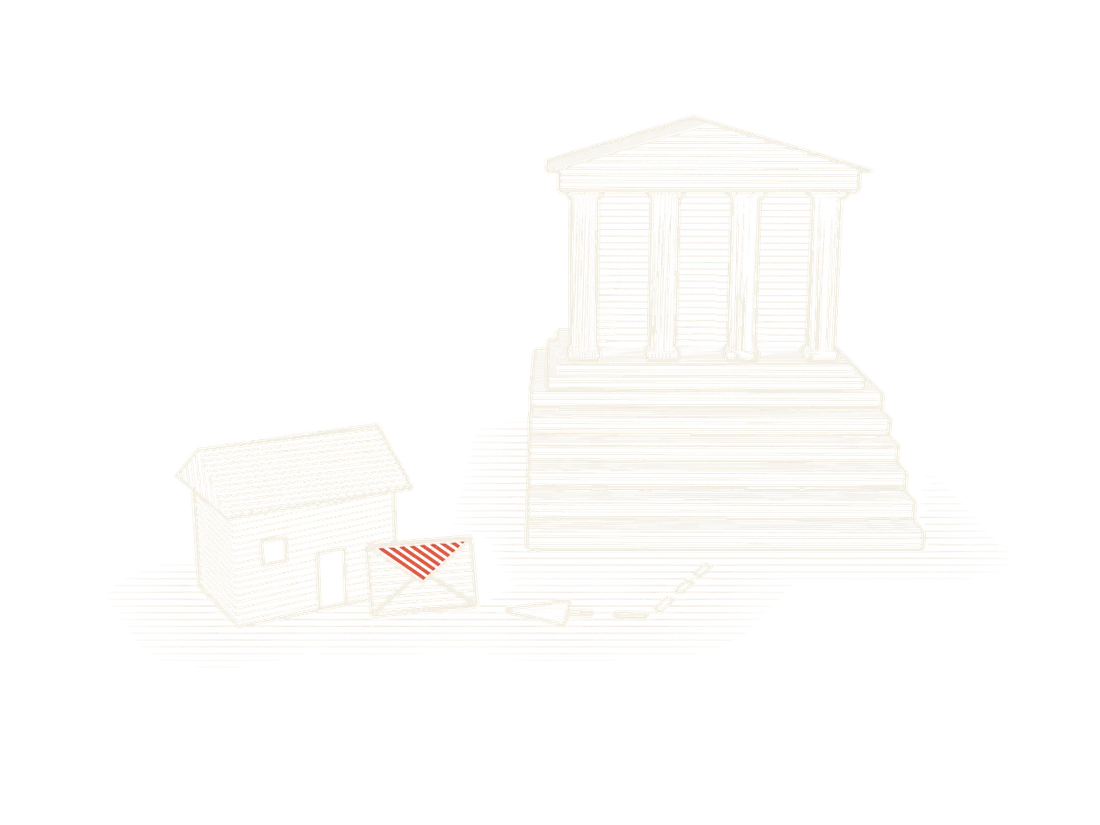 A columned building reached by long steps, a dashed path down to the door of a small house, and an envelope with a red flap on the doorstep.