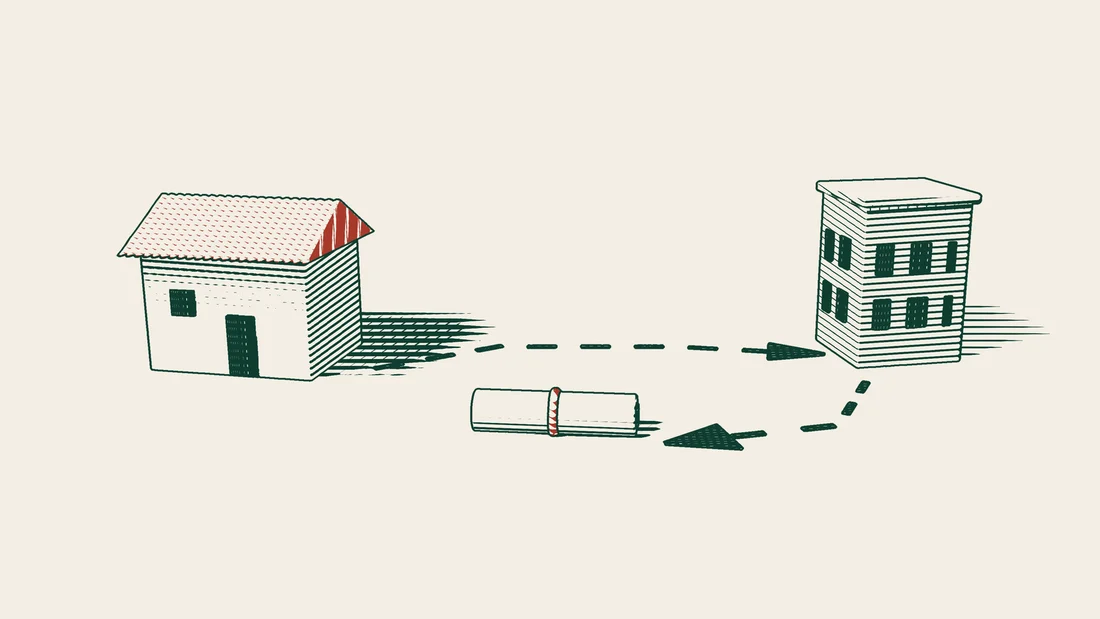 A house on the left with a dashed arrow curving to a small building on the right, a ribboned scroll in front and a second arrow returning to the scroll.