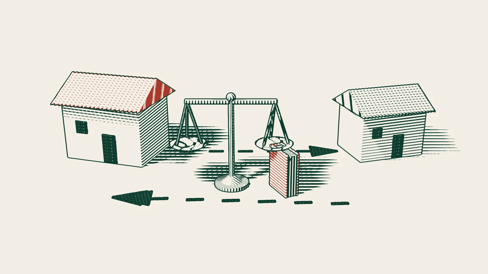 Engraving: a dashed path from the debtor's house to a second house, with scales, a red book and a red arrow pointing back to the creditor.