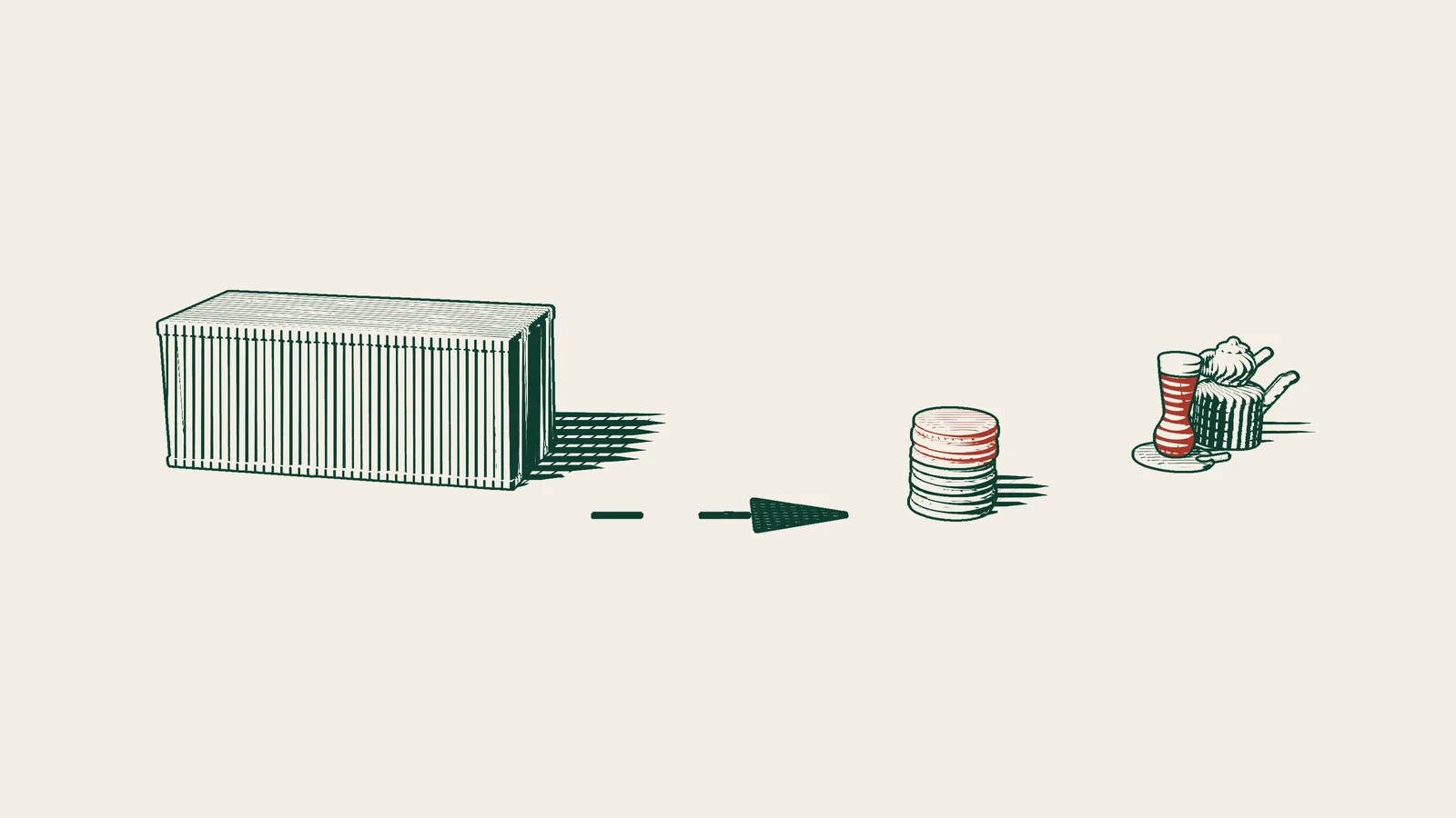 Engraving: an arrowed path runs from a shipping container to a stack of money topped with red coins, beside a Turkish tea set.