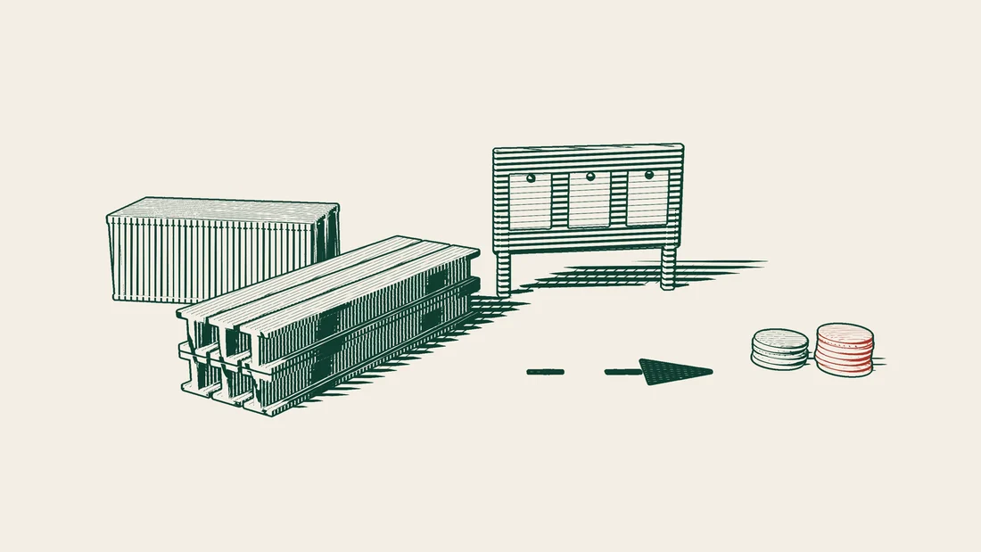Steel I-beams are stacked beside a container, with a notice board behind and an arrow path from the beams to two coin towers, one green and one red.