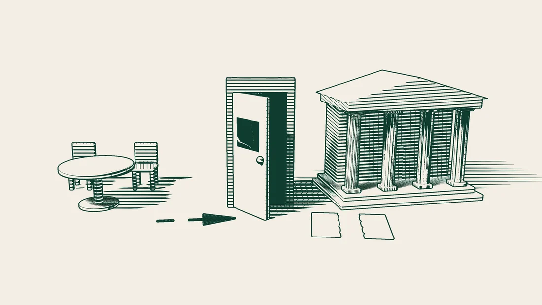 An arbitrators' table with two chairs, a dashed arrow leading to a half-open door, a columned court building behind it and two torn blank sheets in front.