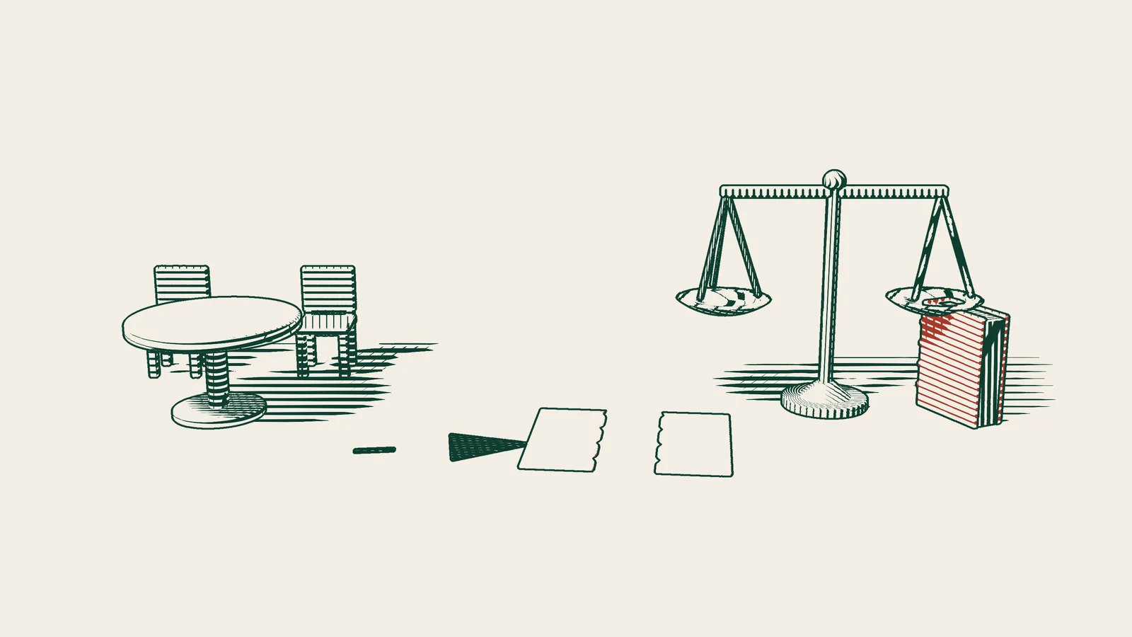 Engraving: an arbitrators' table with chairs, a large blank decision sheet torn in two by an arrow path, and scales beside a red bound book.