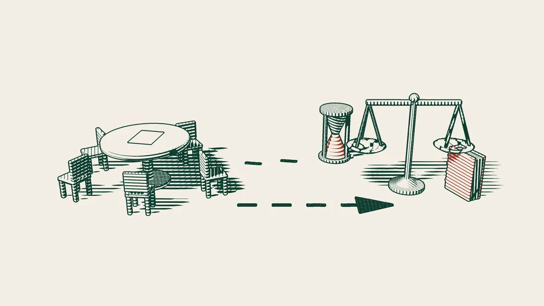 A crowded general assembly table from which two paths lead away, one ending at an hourglass, the other running on to a pair of scales and a red-bound book.