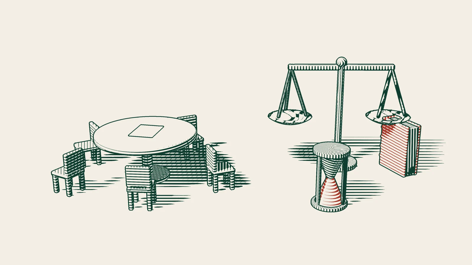 Engraving: a general assembly table ringed by five empty chairs, with blank resolution papers, a pair of scales, a red-bound book and an hourglass beside it.
