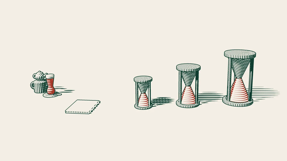 Three hourglasses of different heights stand beside the papers of a general assembly resolution, drawn in dark green lines on cream paper.