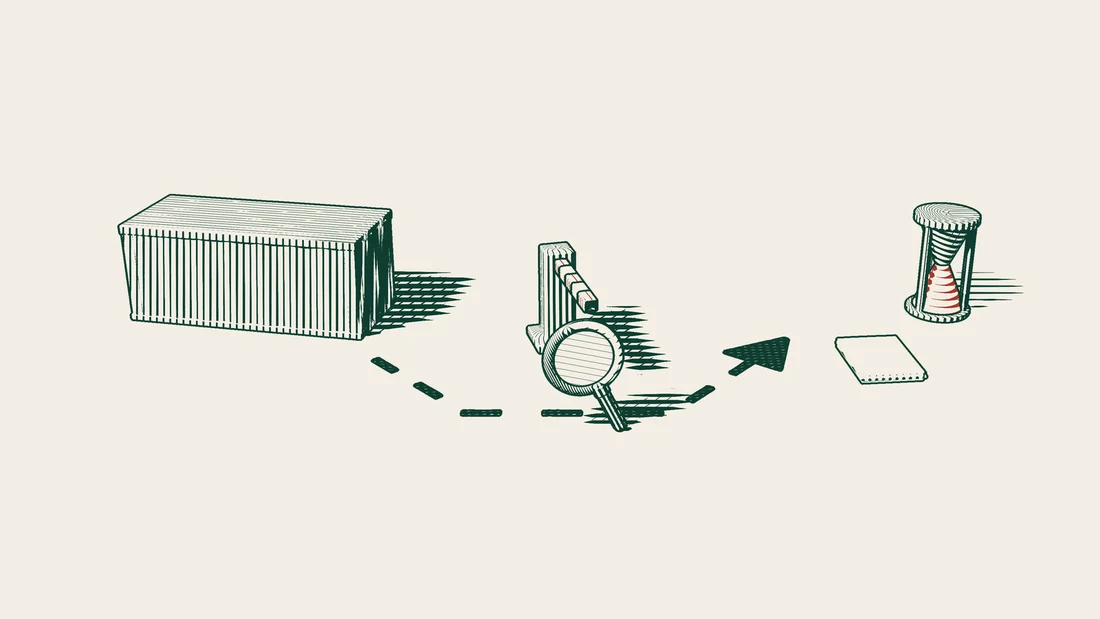 A road leaving a shipping container winds around a closed barrier, with a magnifying glass on the road and a stack of blank documents and an hourglass beside it.