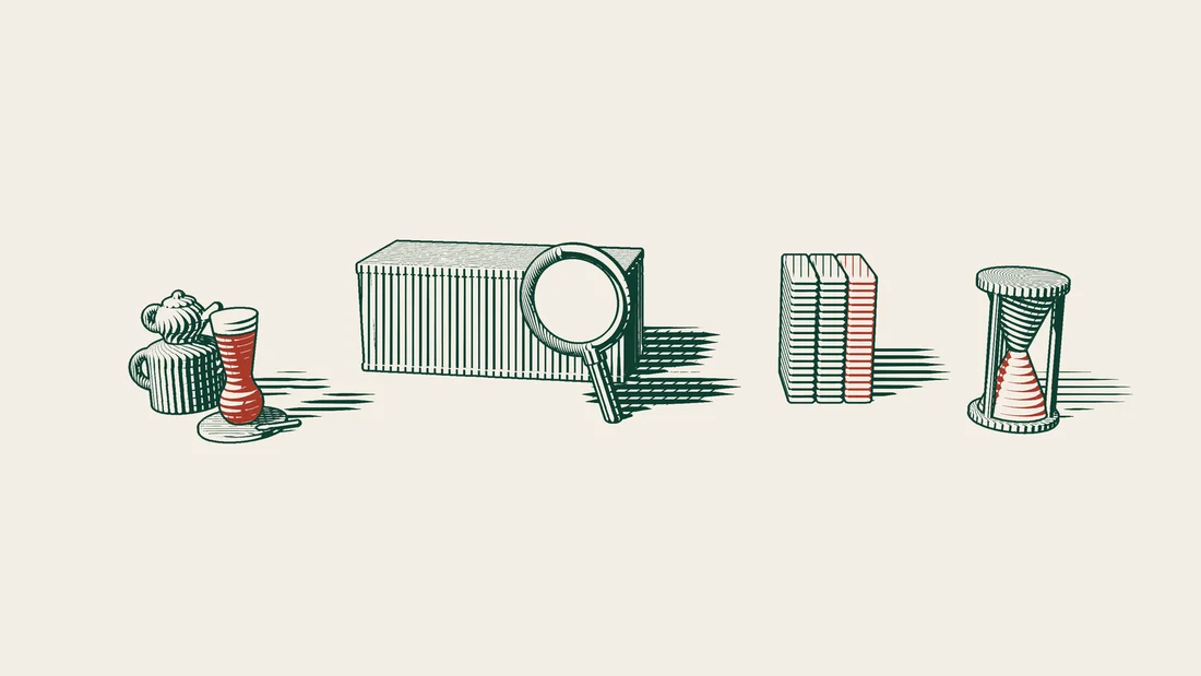 A magnifying glass stands in front of a shipping container, with a row of binders, one red, an hourglass and a Turkish tea set.