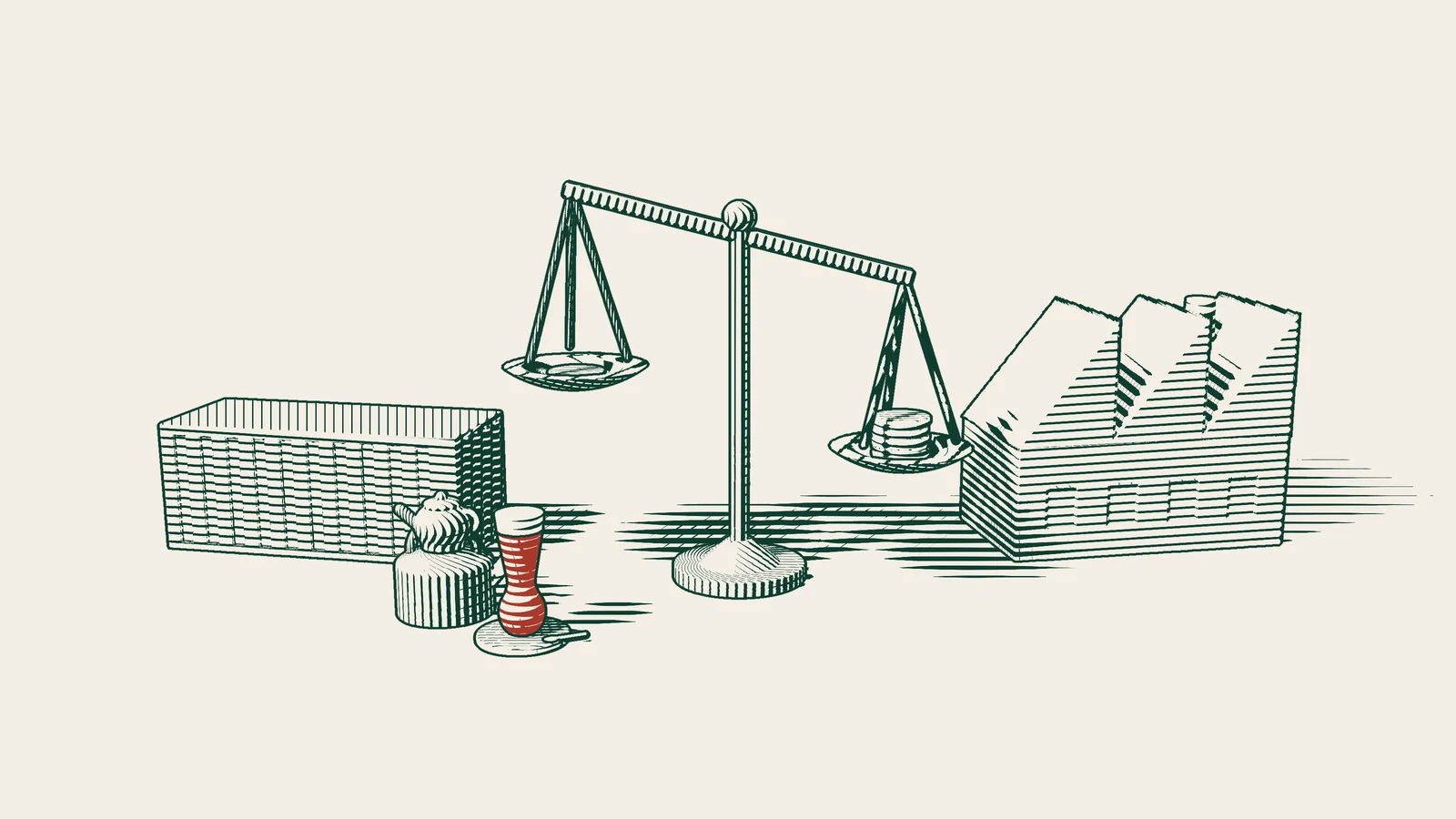 Engraving: a shipping container and a factory on either side of a tilted pair of scales, a few coins in one pan and a tall coin stack in the other, with a Turkish tea set in front.
