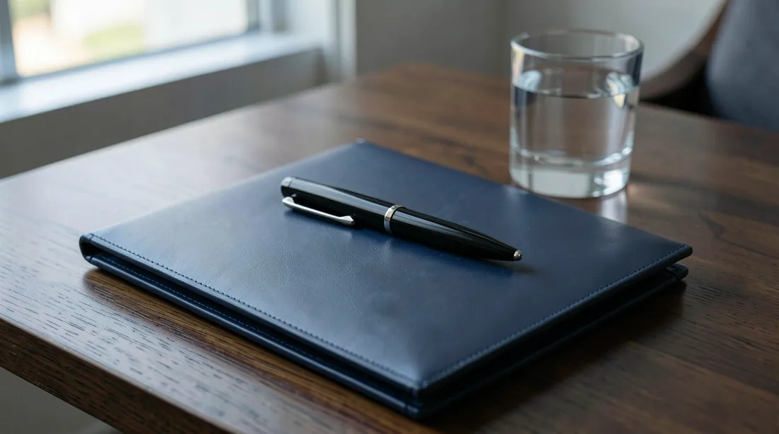 A closed plain dark-blue leather folder with a capped black fountain pen lying on it and a short glass of water on a dark wooden table in soft side light