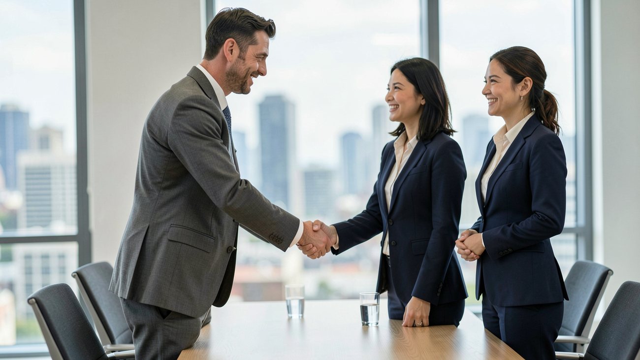 A European businessman in a grey suit shakes hands with an Asian businesswoman in a navy suit over a wooden meeting table while a second woman in a navy suit stands beside them smiling with her hands clasped, two glasses of water on the table and a blurred city skyline in the tall windows behind