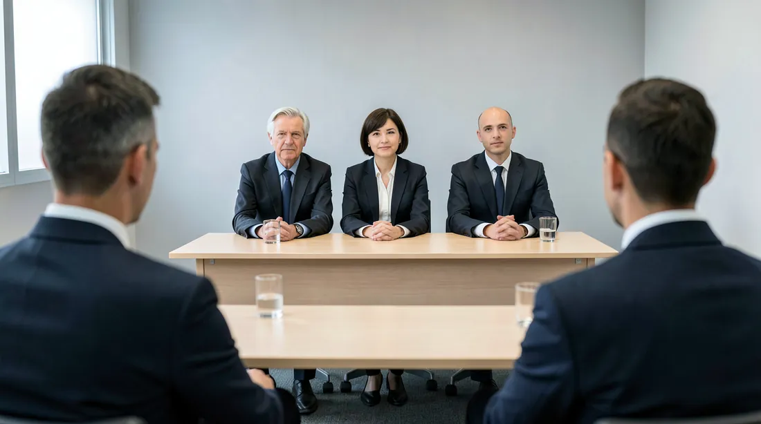 Three arbitrators in dark business suits, an older grey-haired man, a woman with short dark hair and a younger man, sit at a plain wooden table at the far end of a hearing room, with two counsel seen from behind and out of focus in the foreground