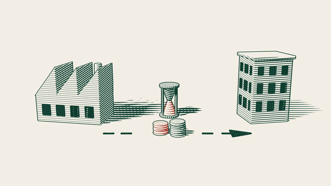 A red stack of coins sits on the arrow path from the factory on the left to the company building on the right, with an hourglass behind it.