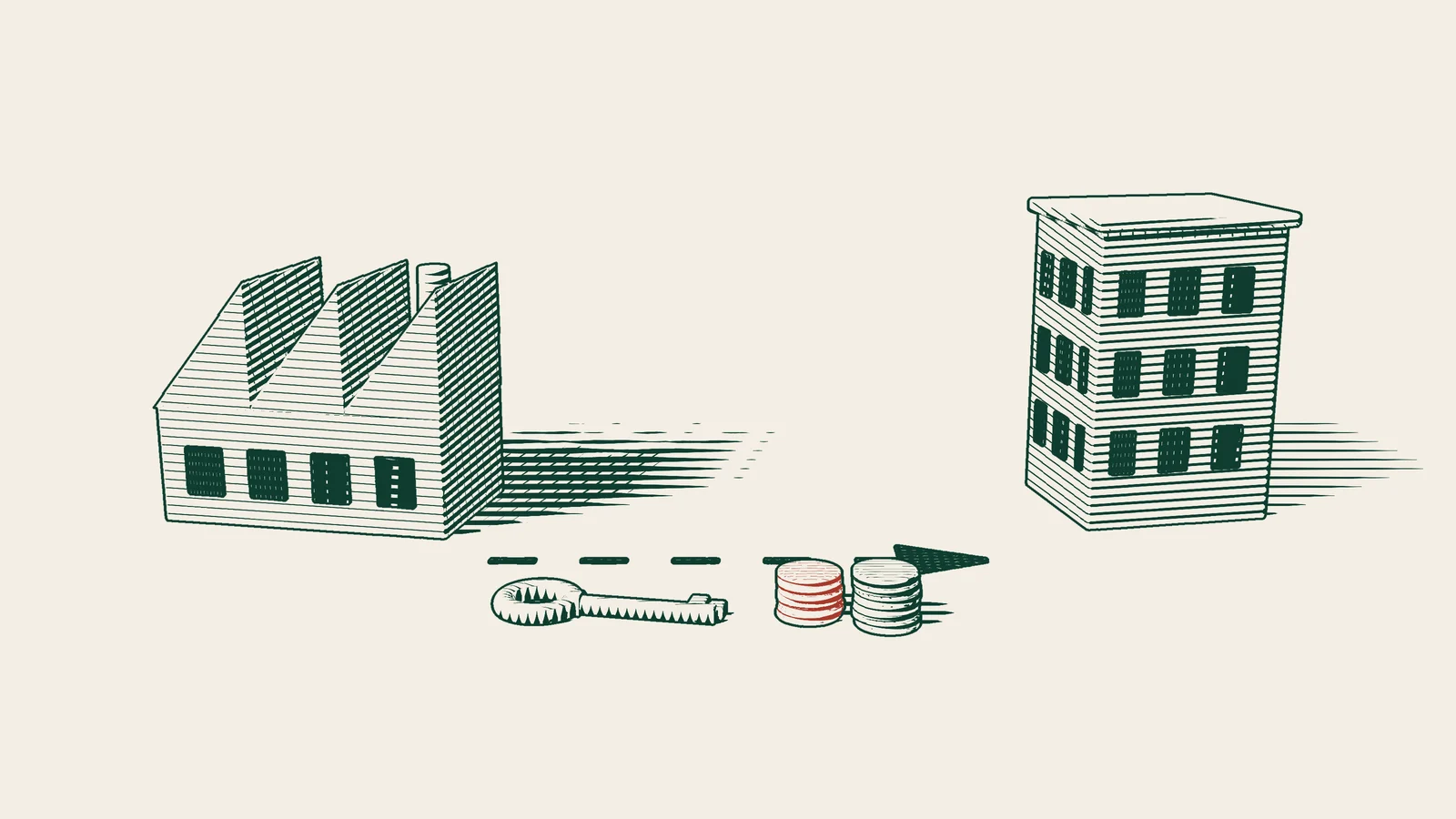 Engraving: an arrow path leads from a factory on the left to a company building on the right, with a factory key and red coin stacks beside it.