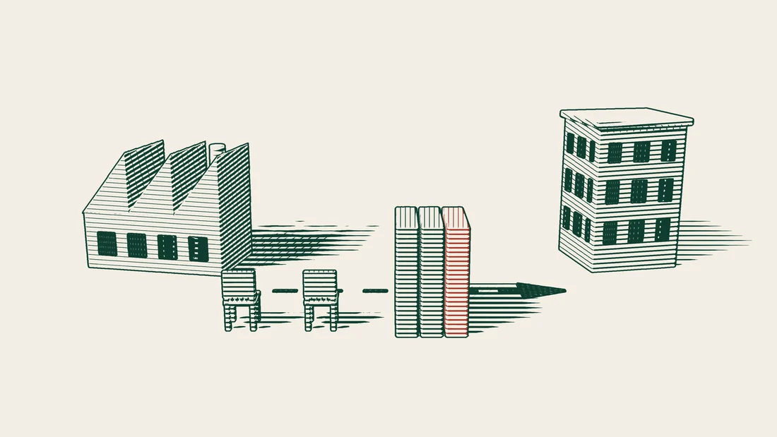 A factory with two chairs in front of it, a row of file folders with one red, and a dashed arrow leading to an office building.