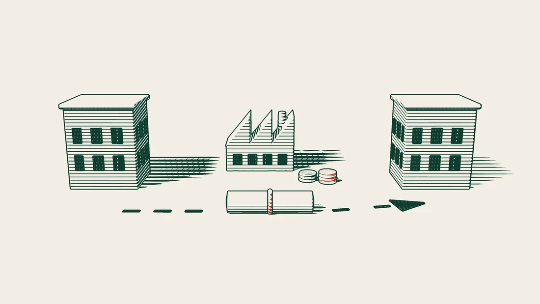 A dashed arrow runs from one office building to another with a ribboned document in the middle, while coins stand in front of a factory behind.