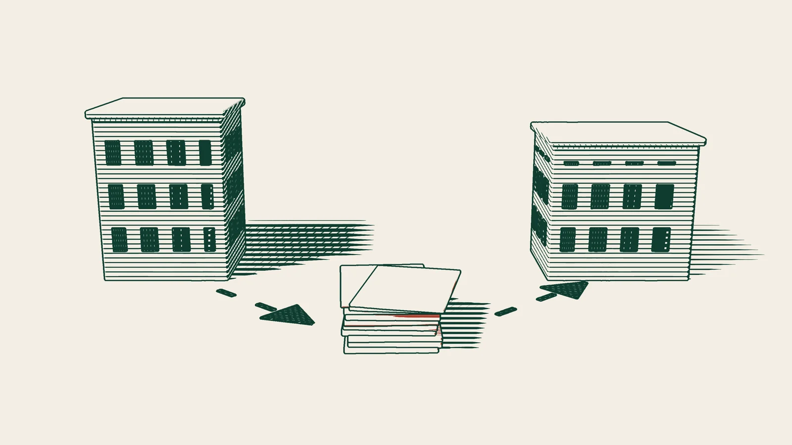 Engraving: an arrowed path runs from an office building past a stack of invoices to a second office building.