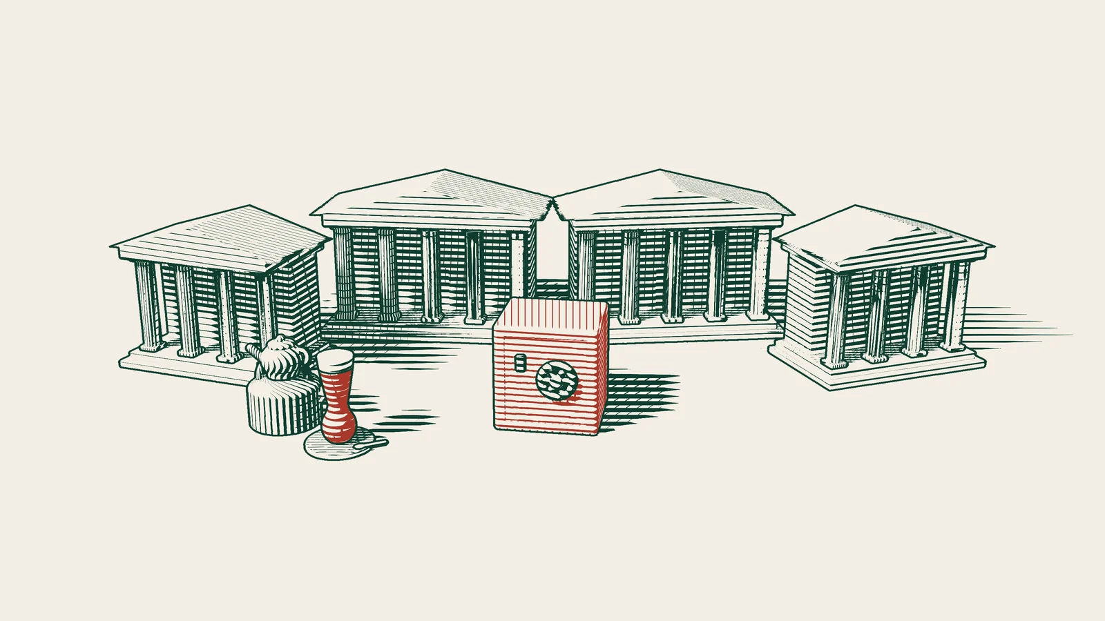 Engraving: a red steel safe with a wheel handle stands at the centre of four columned public buildings, with a Turkish tea set in front.