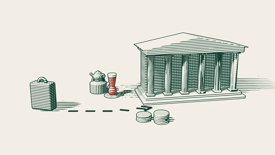 A dashed arrow runs from a travel suitcase to a columned bank building with coin stacks in front of it.