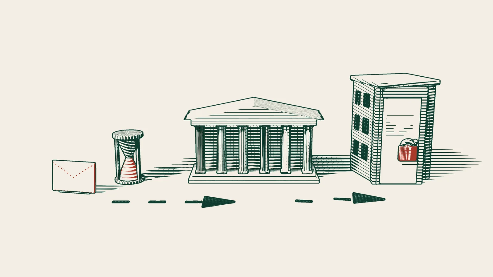 Engraving: an arrowed path runs from a red envelope and an hourglass past a columned courthouse to a company building with a red padlock on its door.