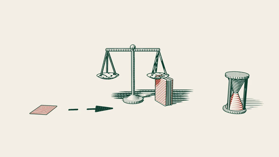 An arrow path runs from a red payment order sheet to a set of scales and a red bound court book, with an hourglass beside them.