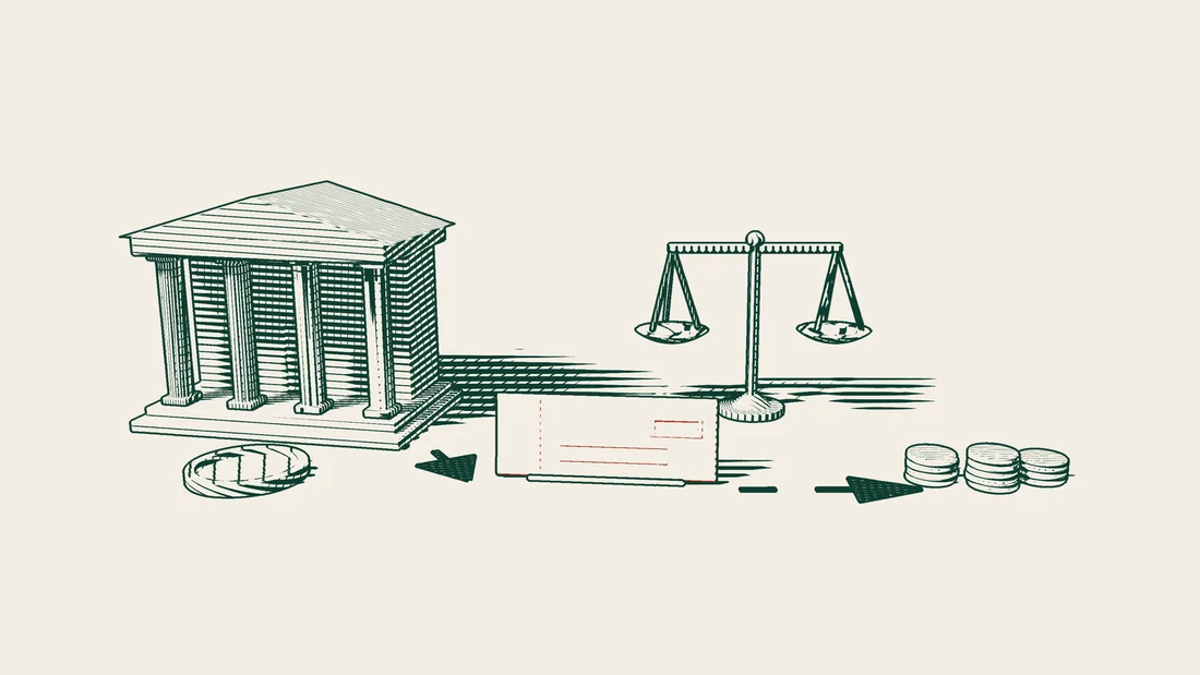 An empty tray stands before a columned bank, a curved arrow brings a red cheque back from it, and a second path leads past scales to coin towers.