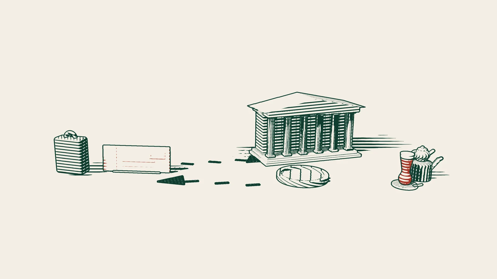 Engraving: a red cheque travels from a suitcase to a columned bank, meets an empty tray and comes back along an arrow, beside a Turkish tea set.