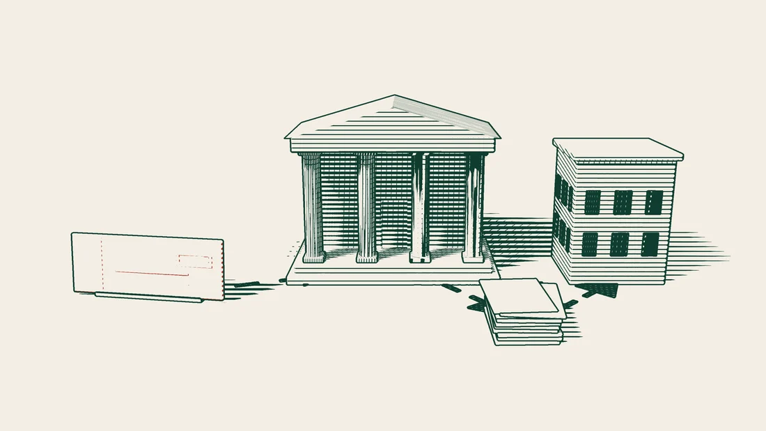 Dashed arrows lead from a cheque with red markings to a columned bank, then to a stack of blank papers, and on to a building.