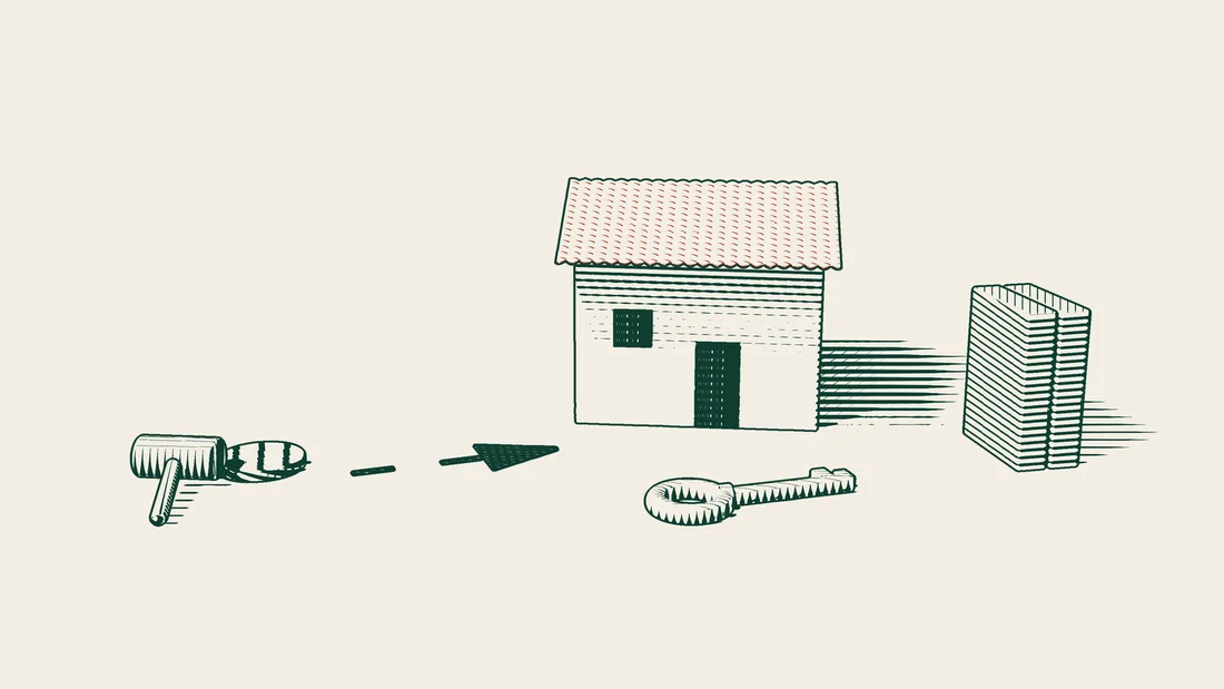 A gavel with an arrowed path leading to a tile-roofed house, with a brass key in front of it and file folders beside it.