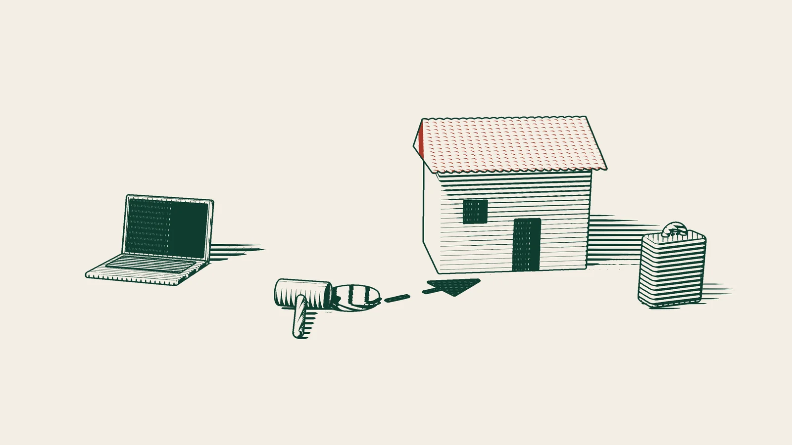 Engraving: a closed laptop and an auction gavel, with an arrow path ending at a house with a tiled roof and a suitcase beside it.