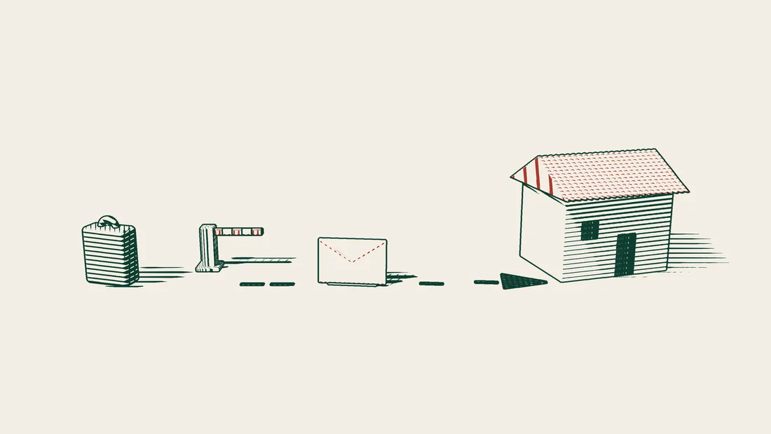 A red envelope follows an arrowed path to a house, while a second path leading to a suitcase is cut off by a closed barrier.