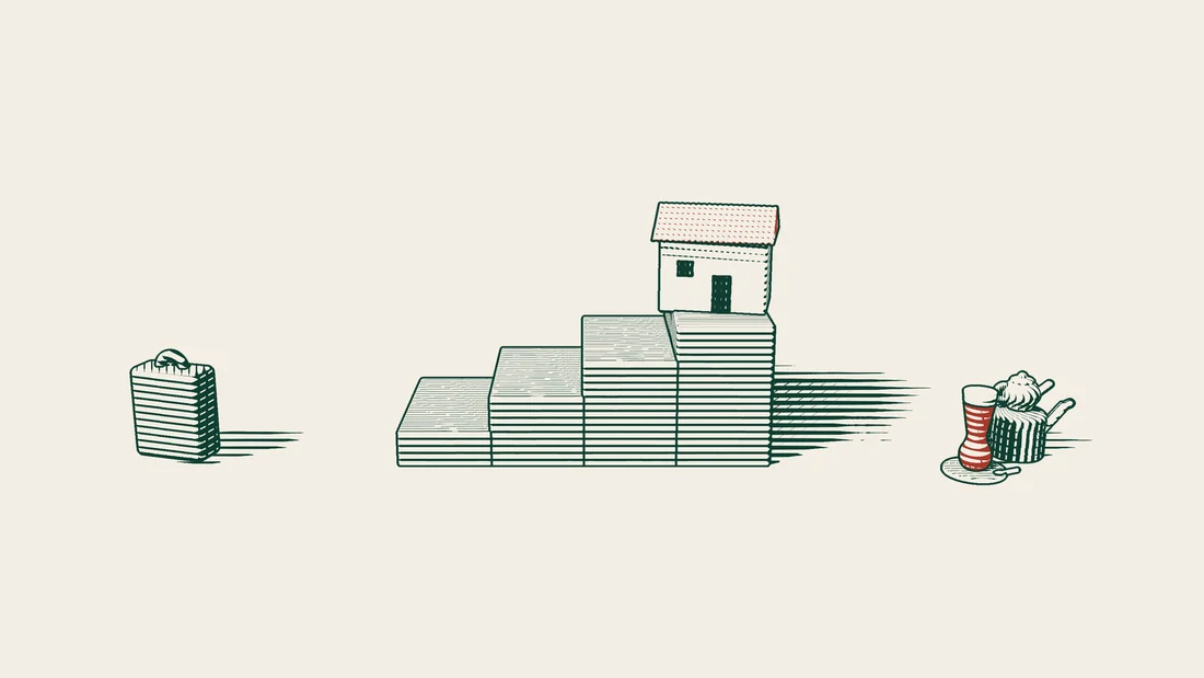 A tile-roofed house sits at the top of a four-step staircase, with a suitcase waiting at the foot of the steps.