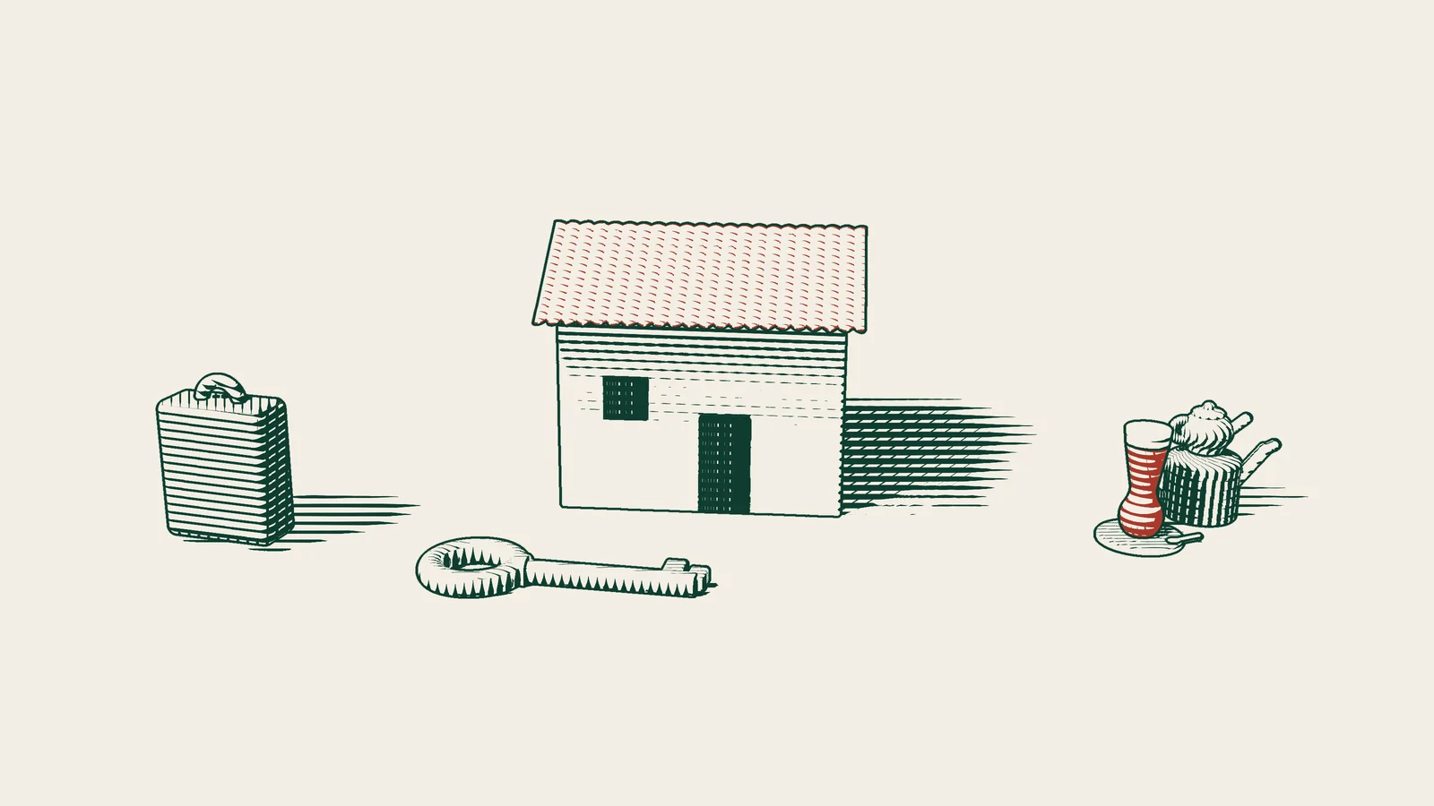 Engraving: a large brass key in front of a tile-roofed house, with a suitcase and a Turkish tea set beside it.