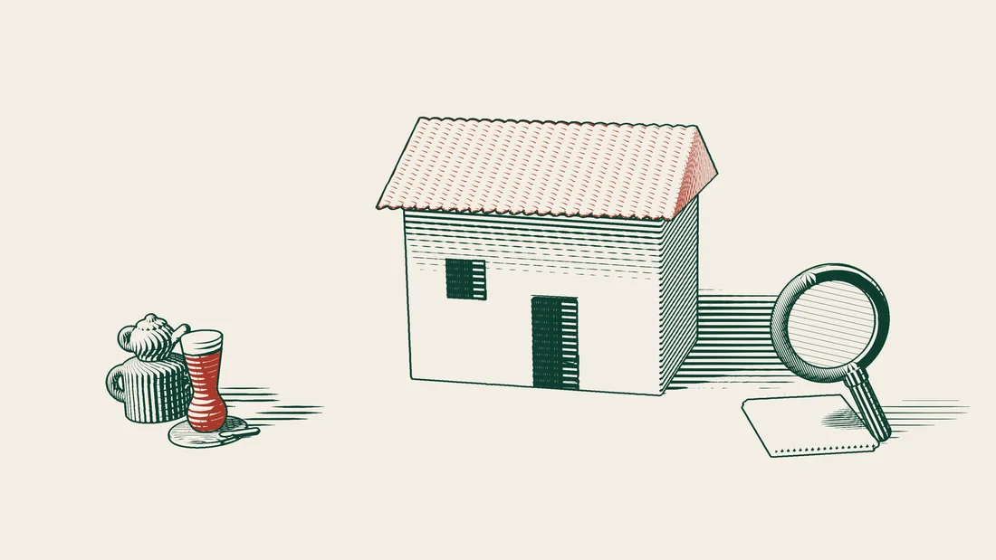 A magnifying glass rests in front of a tile-roofed house and the blank title deed papers lying beside it.