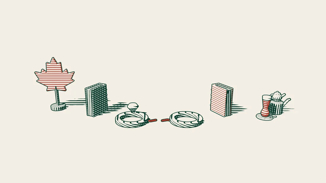 A green-bound book by a red Canadian maple leaf, a red-bound book by a Turkish tea set, and between them two parted rings and a broken red thread.