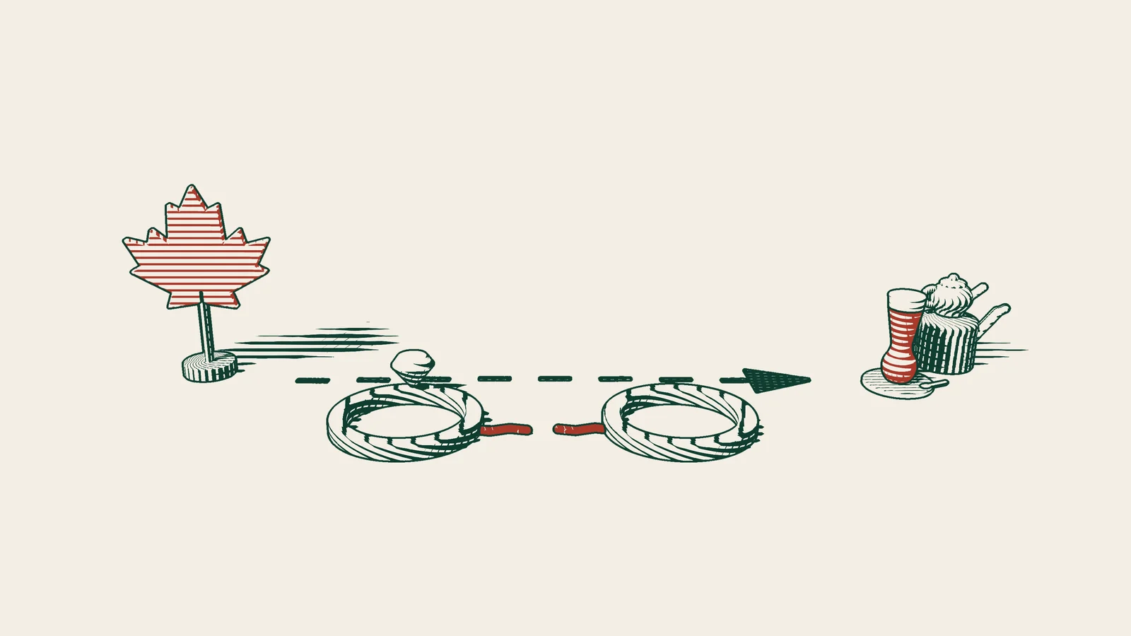 Engraving: two separated wedding rings with a snapped red thread between them, and an arrowed path running from a red maple leaf to a Turkish tea set.