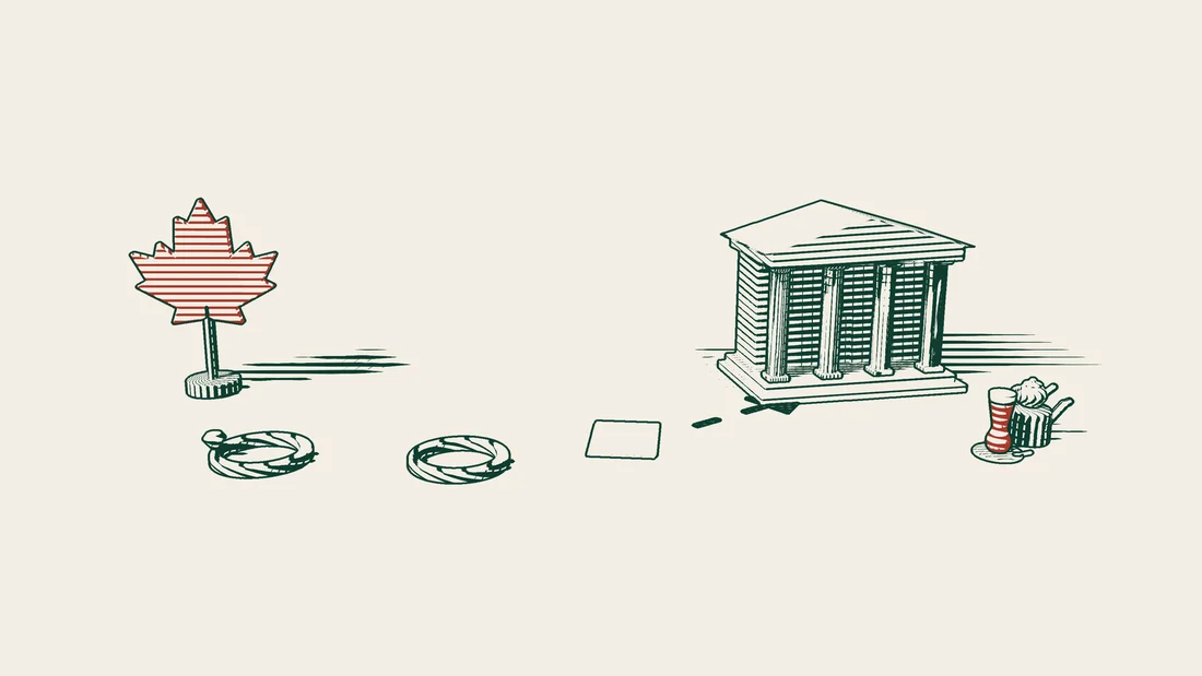 A red maple leaf, two wedding rings lying apart and a blank sheet, with a dashed arrow leading to a small columned building beside a Turkish tea set.