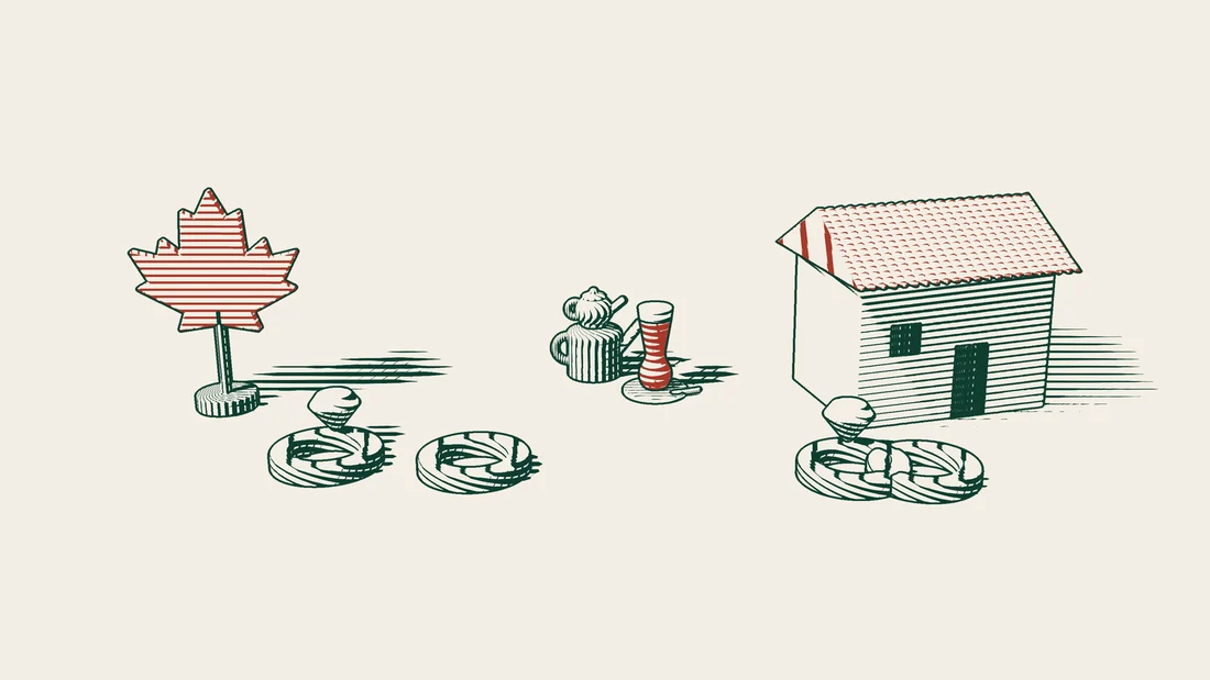Two separated wedding rings beside a red maple leaf, while two rings in front of a house are still linked together.