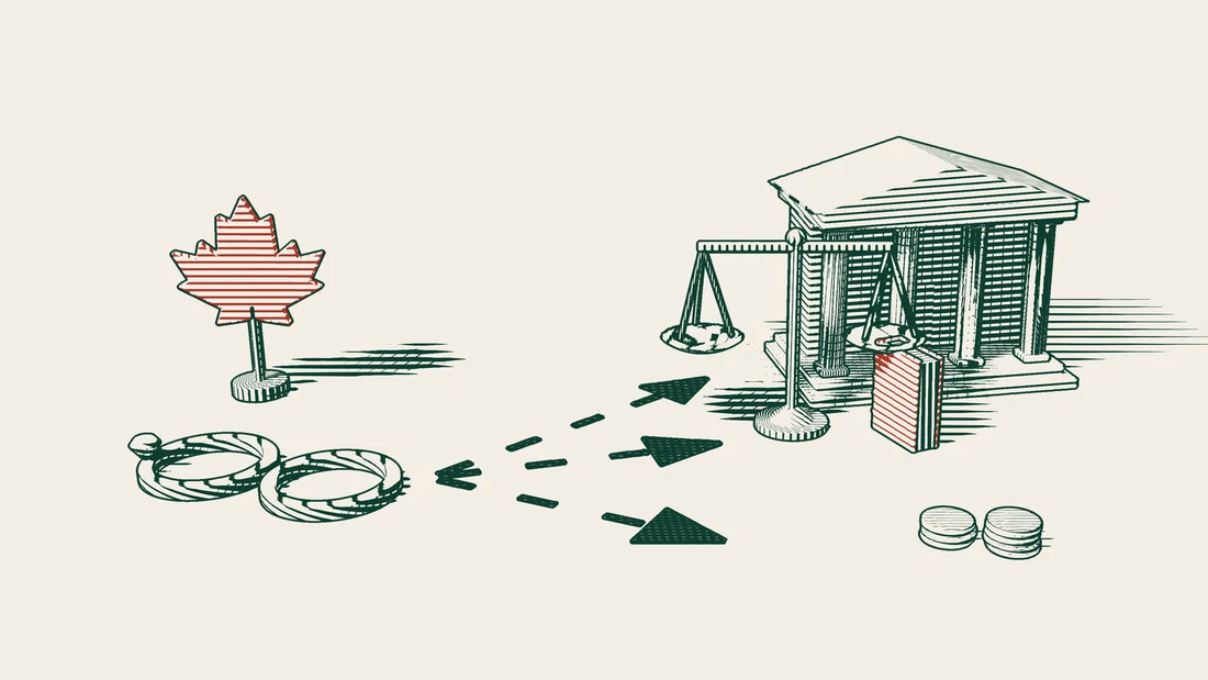 Three arrow paths lead from two separated wedding rings, one to a columned consulate building, one to scales and a red bound book, and one to coin towers.