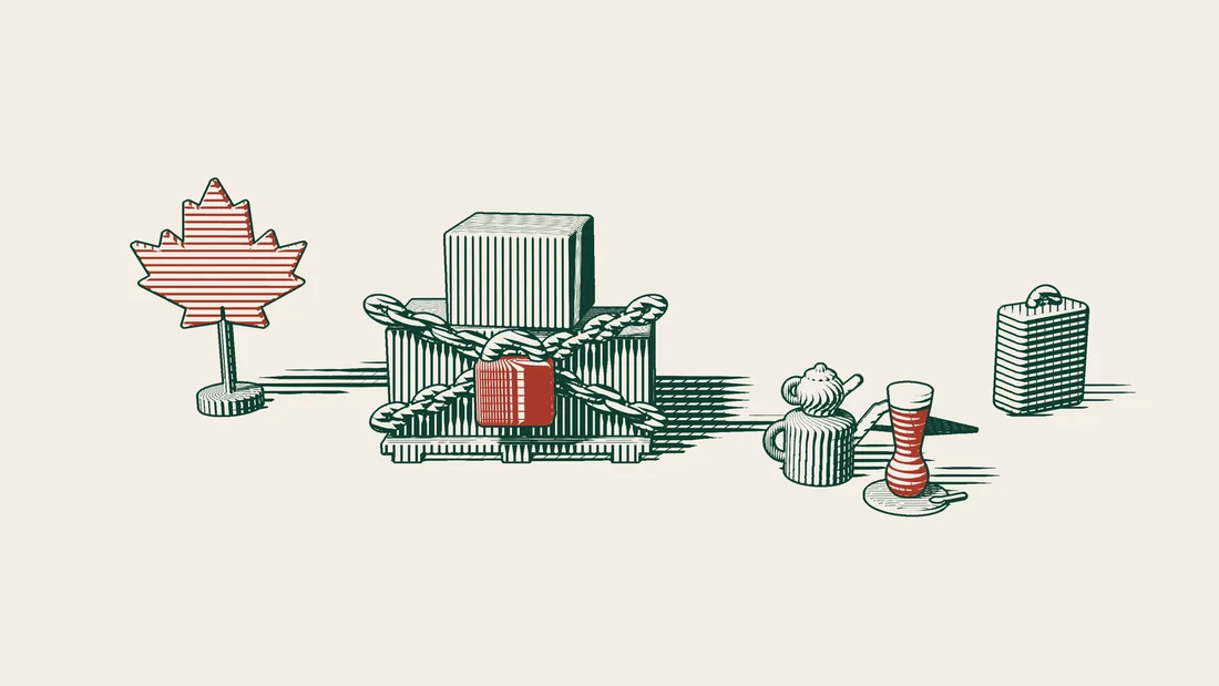 Cartons on a pallet bound with crossed chains and a red padlock beside a red maple leaf, while a suitcase moves away along an arrowed path.