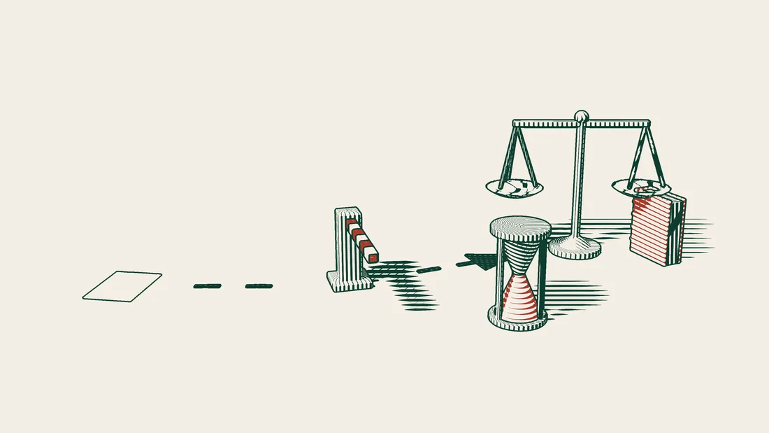 A blank payment order sheet stands before a barrier arm, and an arrowed path beyond it leads to scales and a red-bound book, with an hourglass nearby.