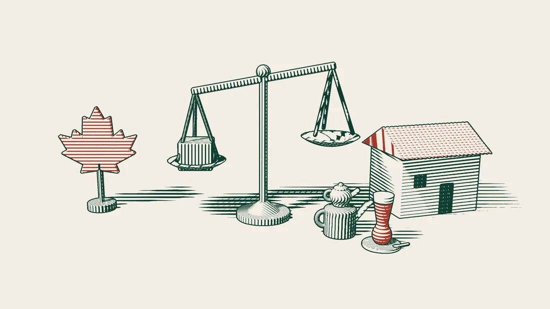 A pair of scales with cartons in one pan and the other pan empty, a red maple leaf on one side and a house on the other.