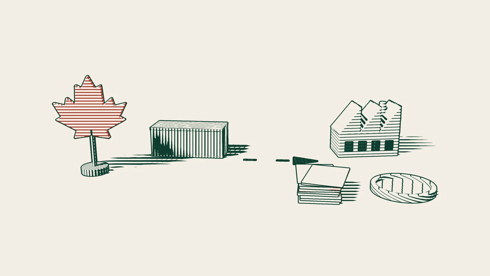 Engraving: a red maple leaf, a shipping container with a dashed arrow to a factory, a stack of invoices and an empty round tray.