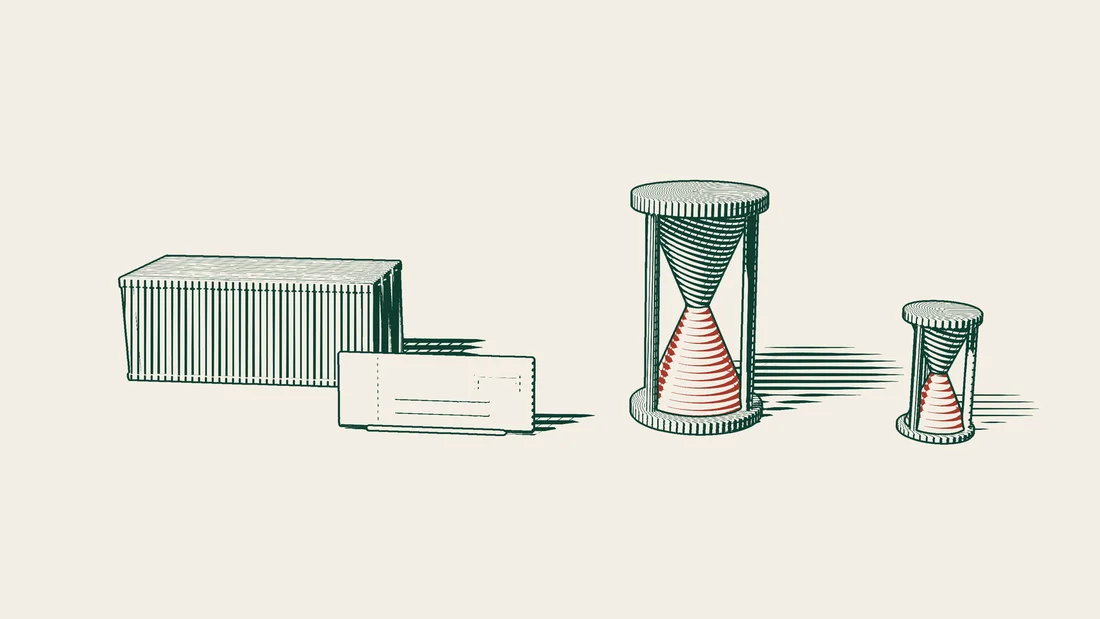 A long blank sheet representing an unpaid invoice lies in front of a shipping container, with two hourglasses beside it, one large and one small.