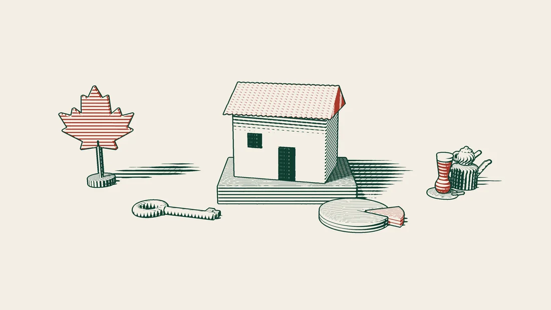 A tiled-roof house on a stone base with a brass key and a disc missing one slice, a red Canadian maple leaf far off and a Turkish tea set.