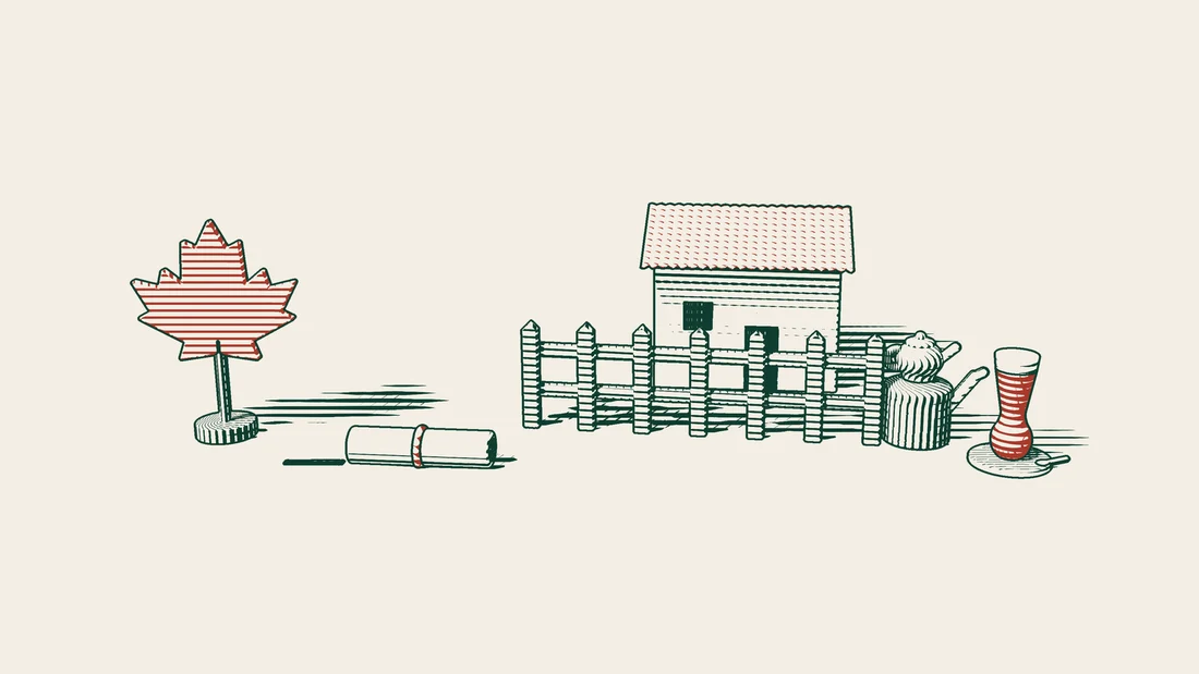 A ribboned document from beside a red maple leaf stops in front of a wooden fence, with a house behind the fence.