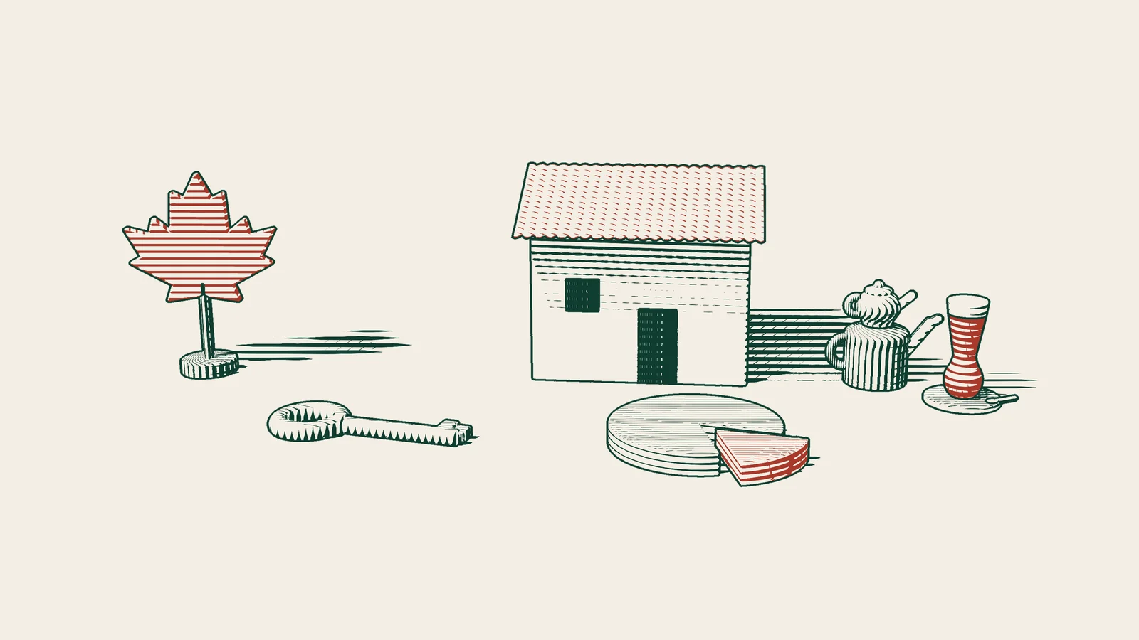 Engraving: a brass key and a sliced disc in front of a tiled-roof house, a red maple leaf in the distance and a Turkish tea set beside them.