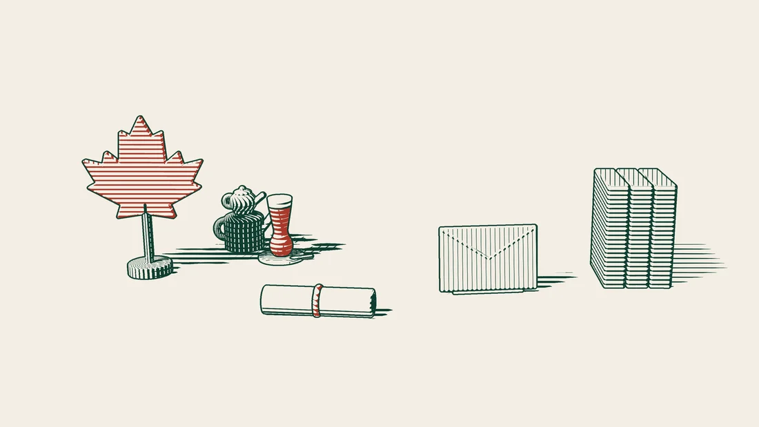 A ribboned scroll, a sealed envelope and file folders beside a red maple leaf.