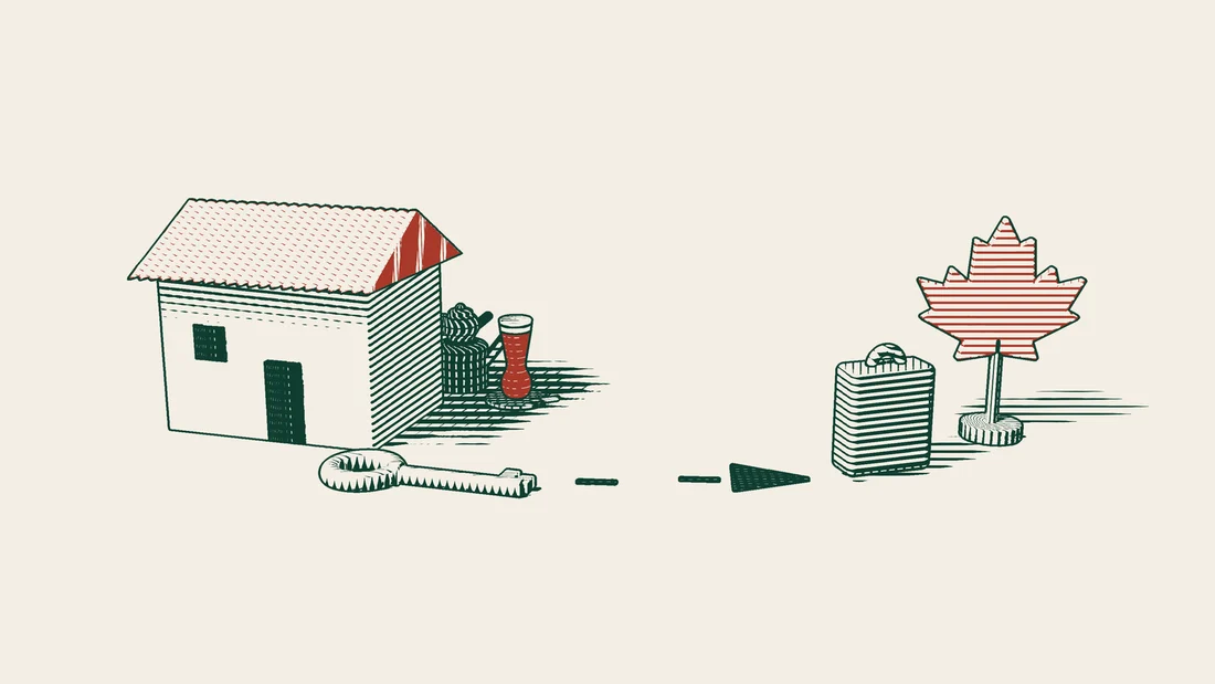 The key to a house travels along an arrowed path to a suitcase standing beside a red maple leaf.